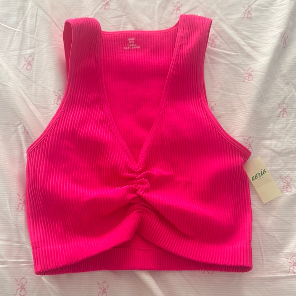Aerie Pink Ribbed Tie Front Crop Tank Top
